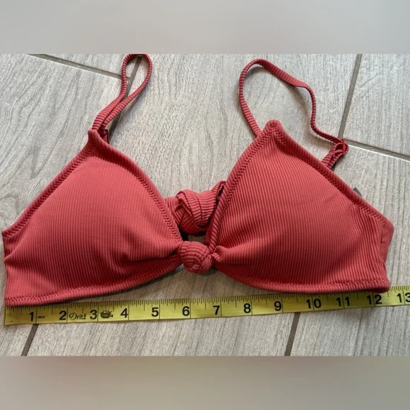NWT, Aerie Coral Ribbed Padded Knot Front Tie Back Padded Bikini Top, Sz L - Picture 8 of 12